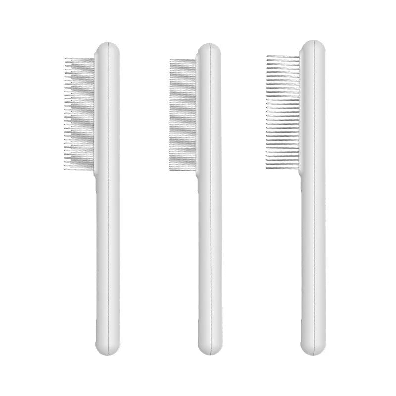 Cat comb with rounded stainless steel teeth and ergonomic handle on white background