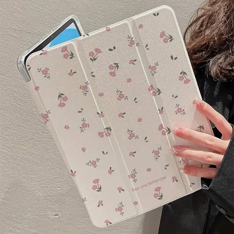 Transparent floral tri-fold tablet protective case for Apple iPad with magnetic closure
