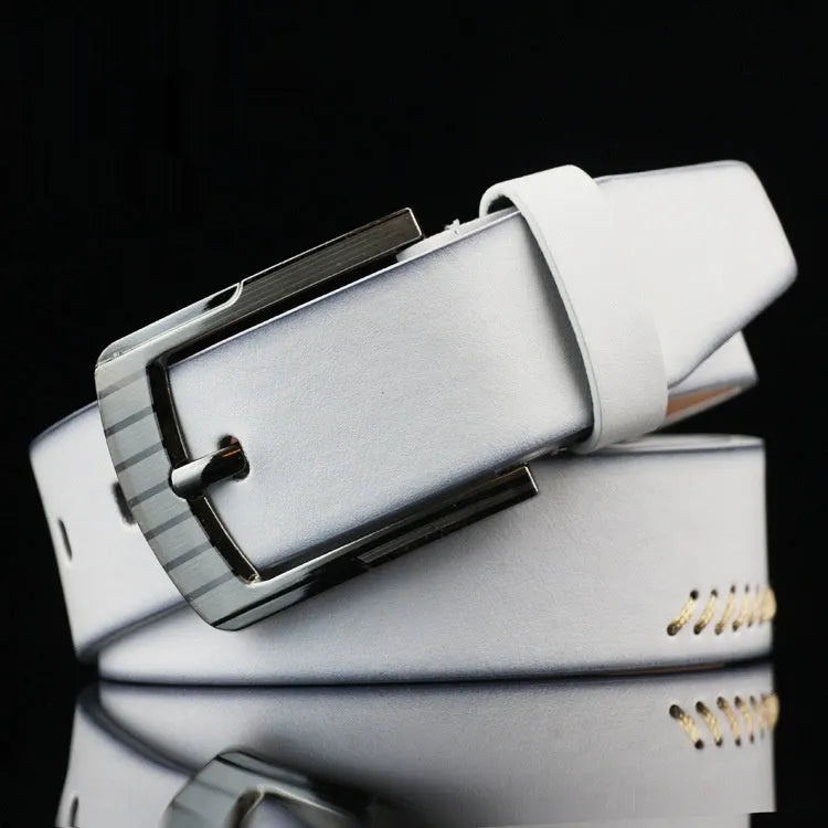 Men's casual pin buckle belt in imitation leather with retro pattern, 110cm length