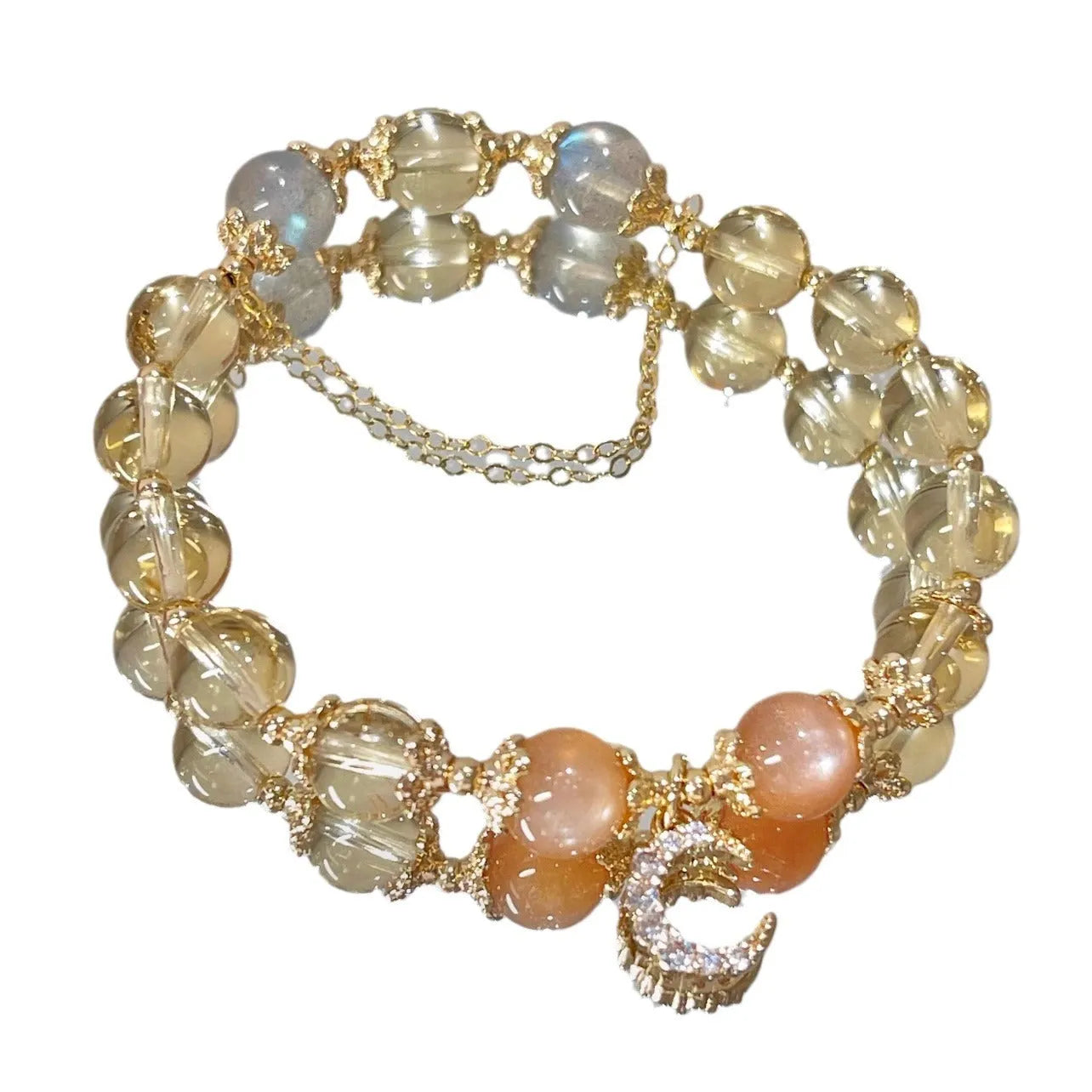 Women's moonstone and citrine crystal bracelet with 14K gold electroplated Chinese style diamond pattern design
