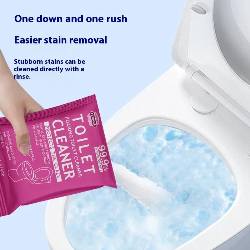Toilet bubble powder descaler in blue ocean or pink floral fragrance, boxed 5x40g bags or 240g large bag.