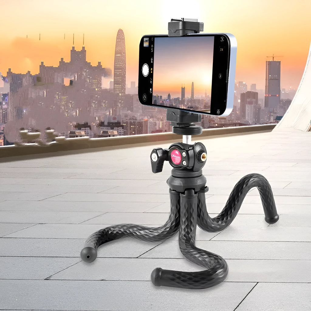 Black FT-01 aluminium alloy mobile phone tripod set with clip, extended to 360mm.