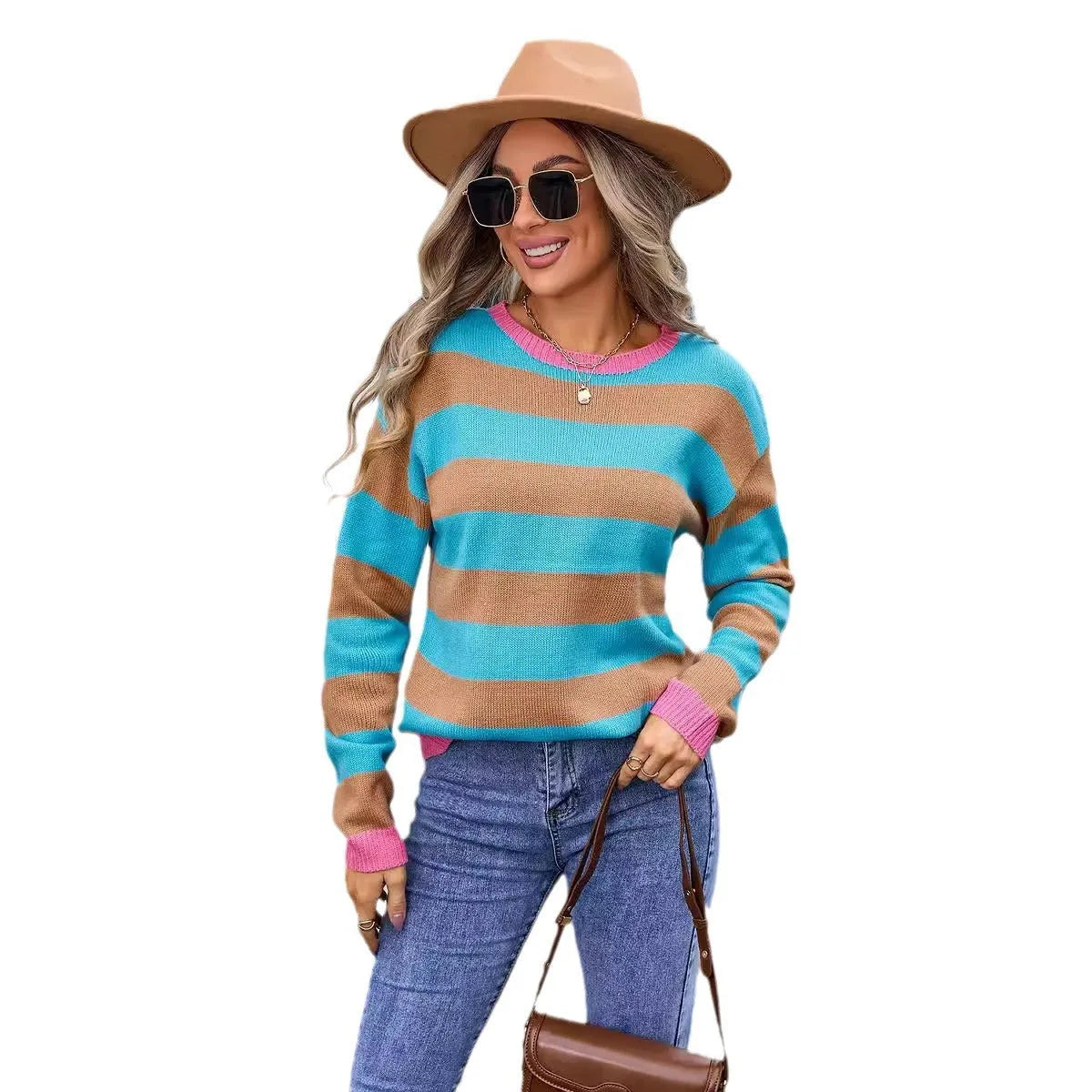 Women's loose-fit acrylic sweater with a floral striped pattern in a blue colour.