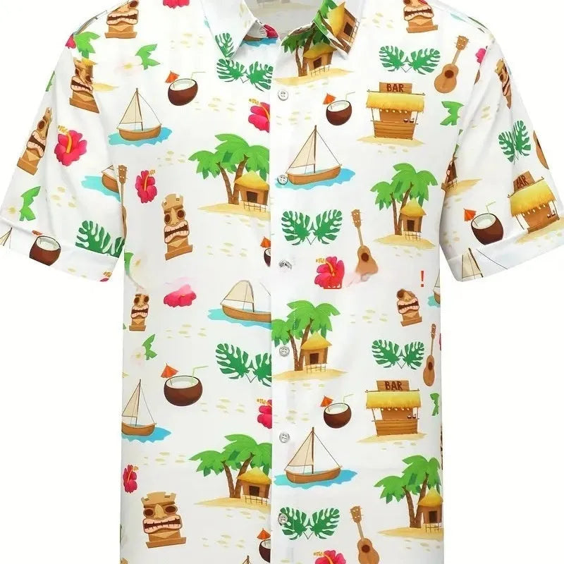 Men's plus size short sleeve cardigan in polyester, slim fit, digital print, available in sizes S to 5XL