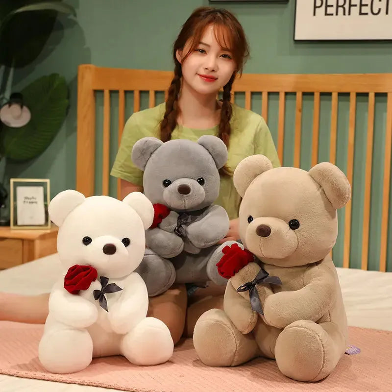 Rose pattern teddy bear plush doll in beige, brown or grey colours with soft fabric texture