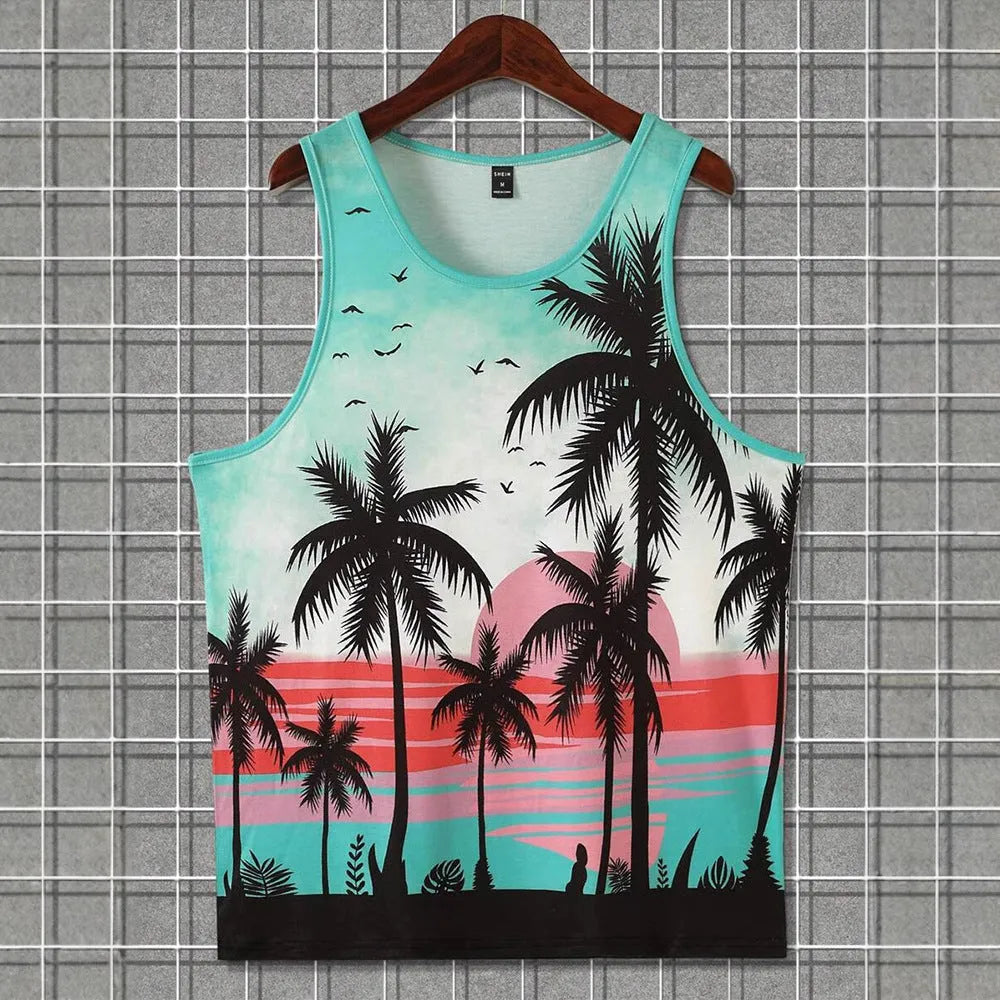 Man wearing a solid colour 3D printed Hawaiian style sleeveless vest t-shirt for casual leisure wear.