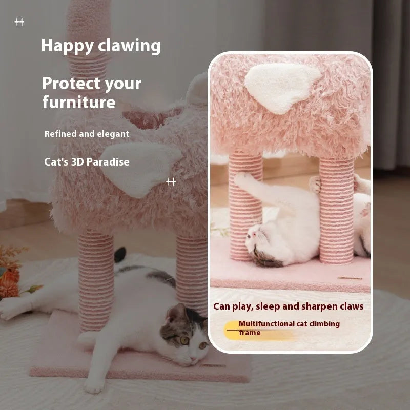 Multi-functional sisal cat climbing frame with nest in pink colour for indoor cats