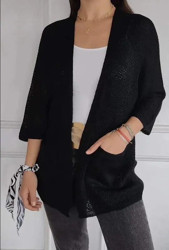 Women's thin waffle knit cardigan coat with nine-quarter sleeves and front pockets in army green.