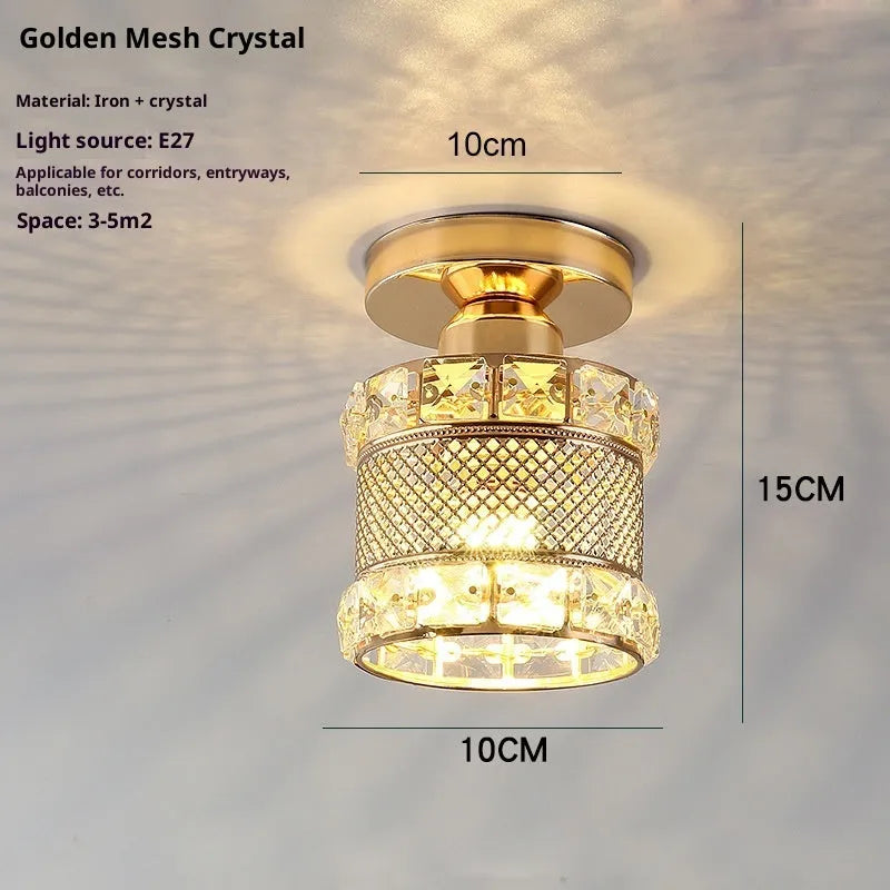Modern minimalist balcony ceiling lamp with LED three-colour light and gold crystal finish on white ceiling