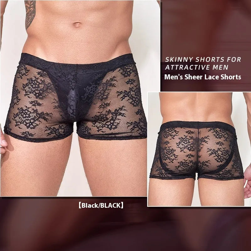 Black lace-trimmed men's nylon boxer briefs laid flat, showing elasticated waistband.
