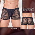 Black lace-trimmed men's nylon boxer briefs laid flat, showing elasticated waistband.