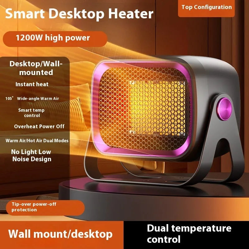 Grey PTC ceramic desktop heater with oscillation feature on wooden desk