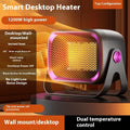 Grey PTC ceramic desktop heater with oscillation feature on wooden desk
