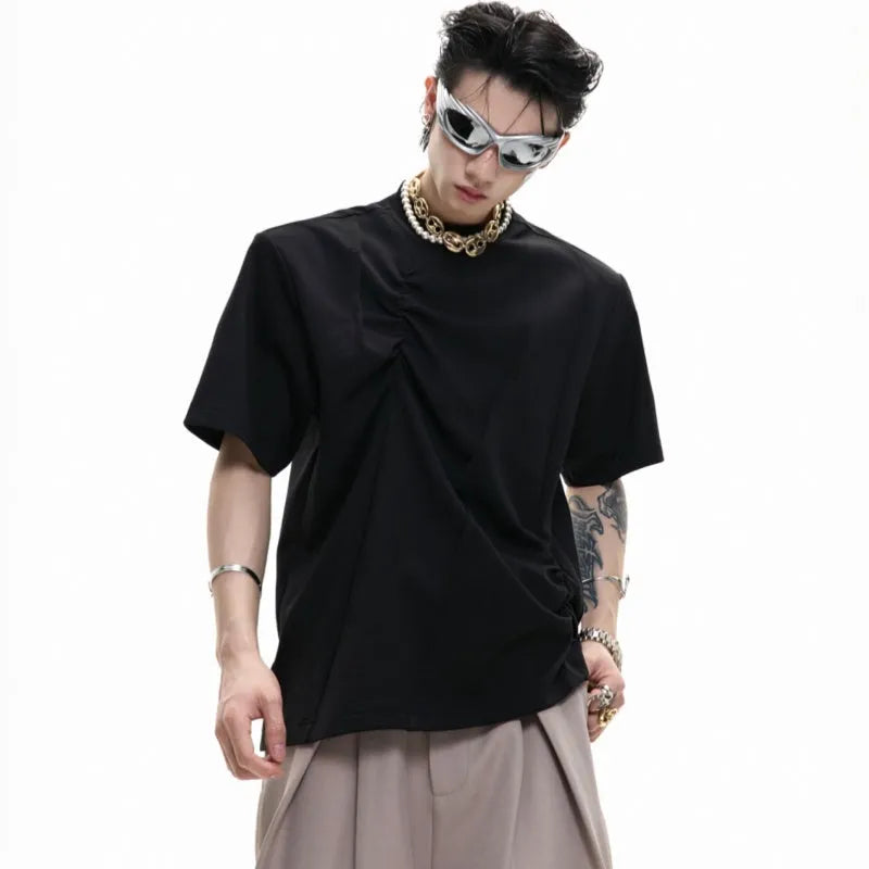 Men's loose fit cotton T-shirt with pleated detailing and asymmetric stitching in black colour