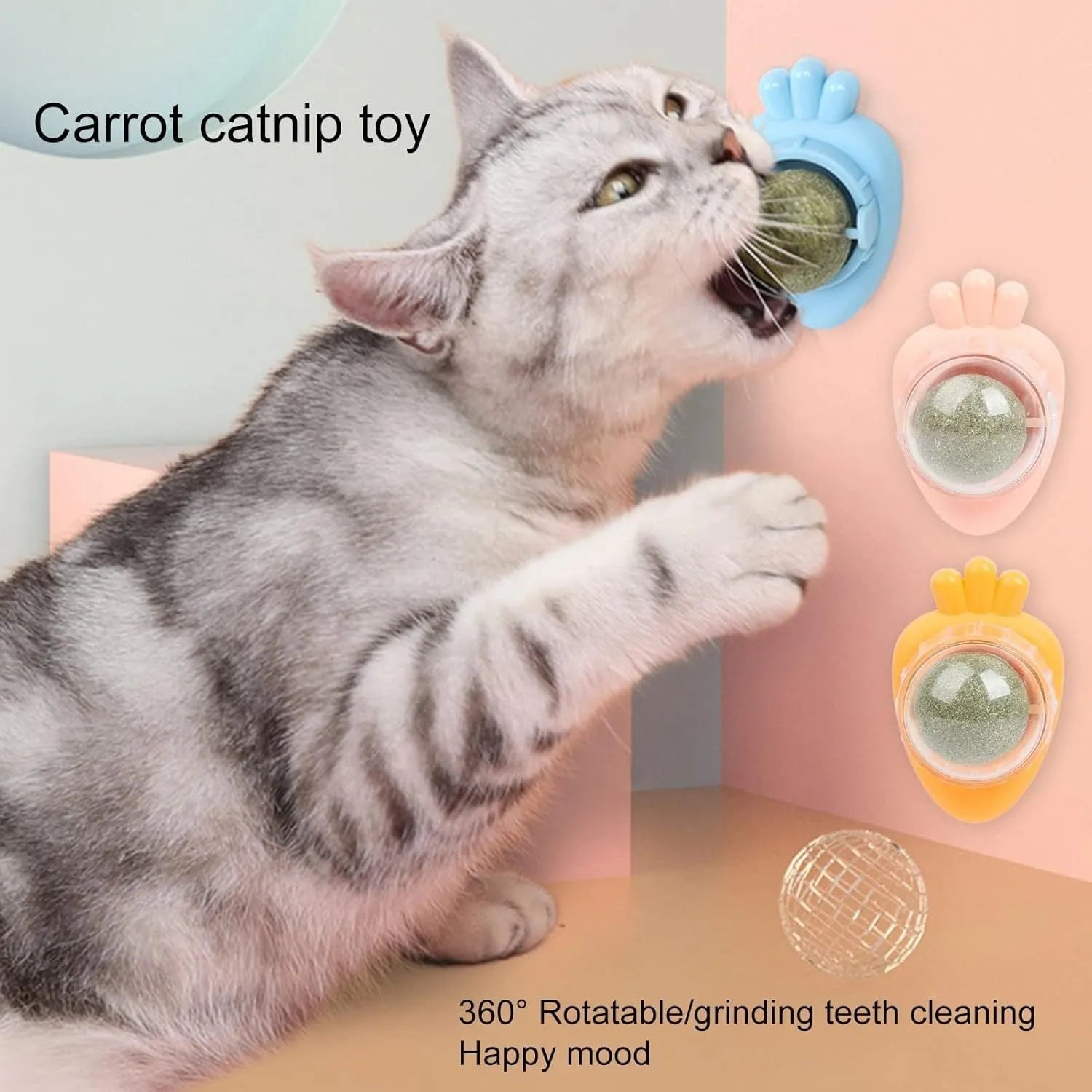 Blue carrot-shaped catnip ball with self-adhesive sticker for wall mounting