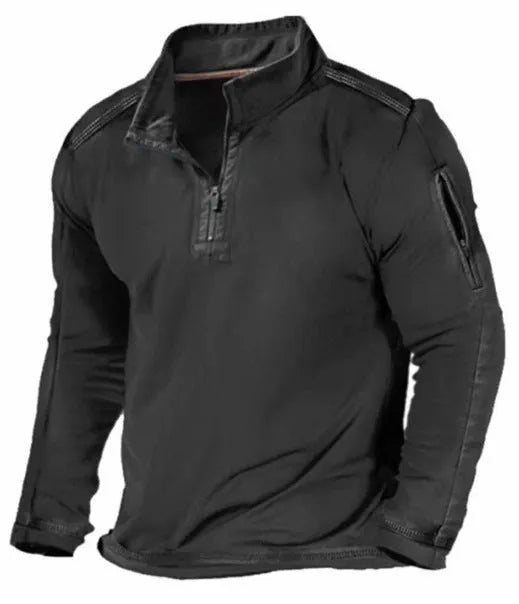 Man wearing a black zipped stand collar long-sleeved polyester sweater