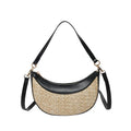 Straw crossbody dumpling bag in a hard suitcase shape with a single shoulder strap.