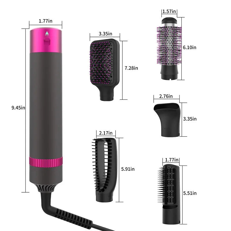 Dyson grey 5-in-1 hair dryer brush styling tool with multiple brush attachments