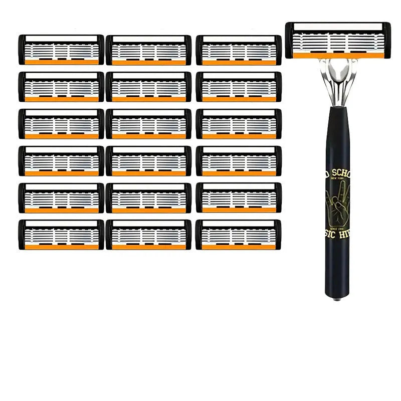 Black manual shaver handle with six-layer finger grip design and multiple blade configurations