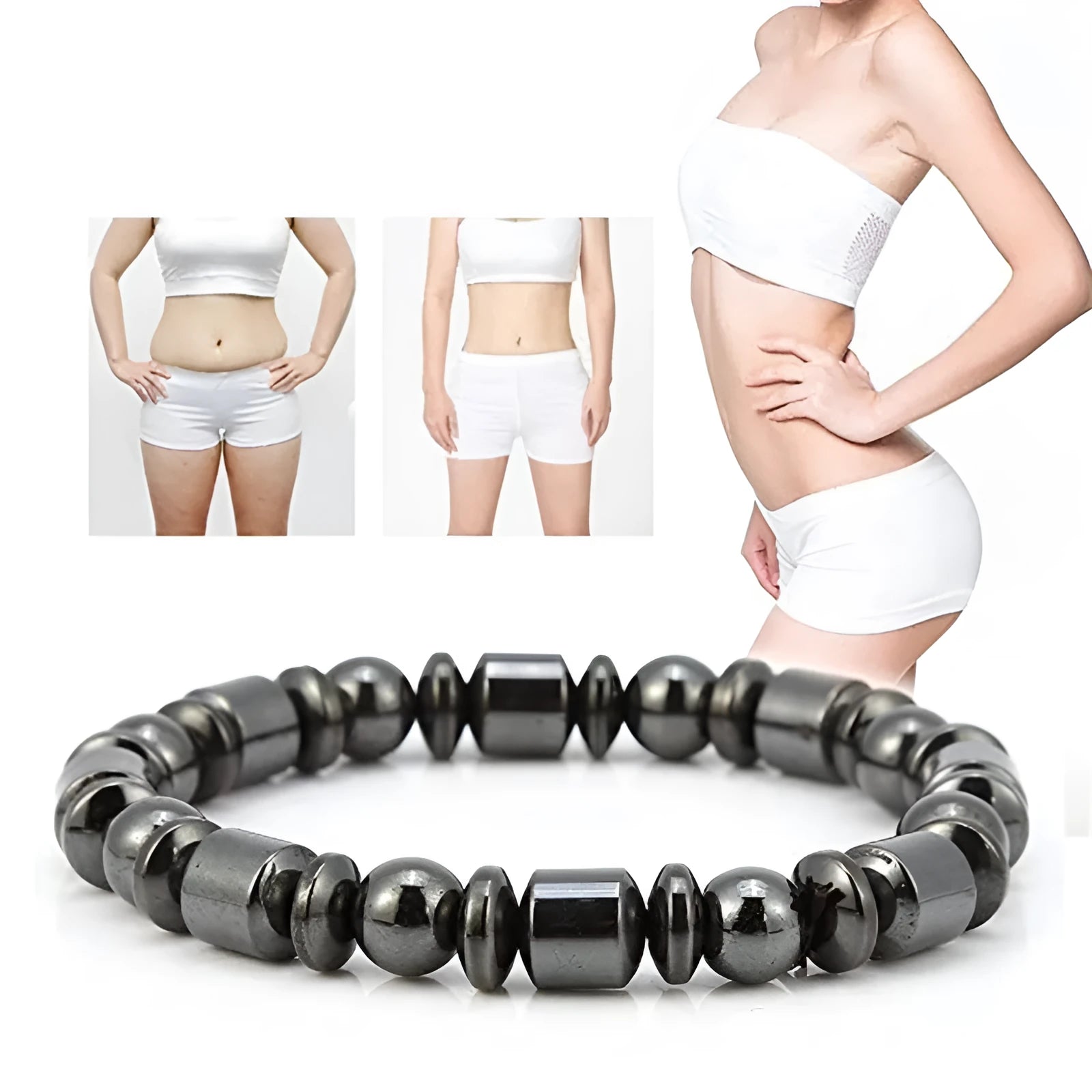Black pentagram stone magnetic therapy bracelet with magnetite and hematite beads on a stretch band.