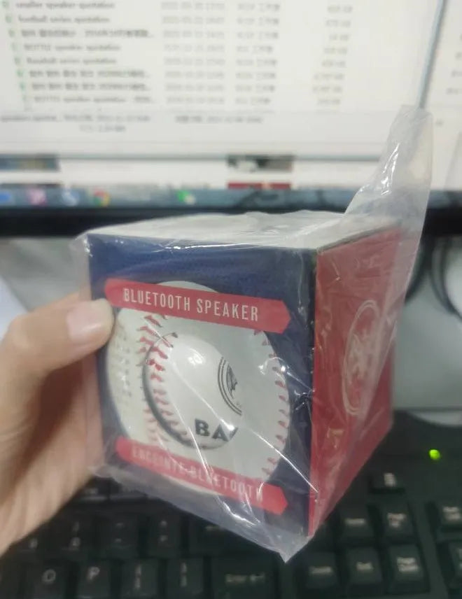 Baseball home Bluetooth speaker in white with 3W output, 600mAh battery, and USB interface