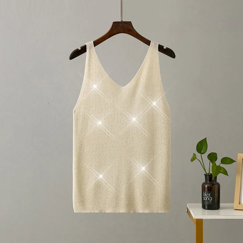 Ice silk knitted bright thread diamond-encrusted V-neck camisole in slim fit, shown in multiple colours including black, white, pink, and khaki