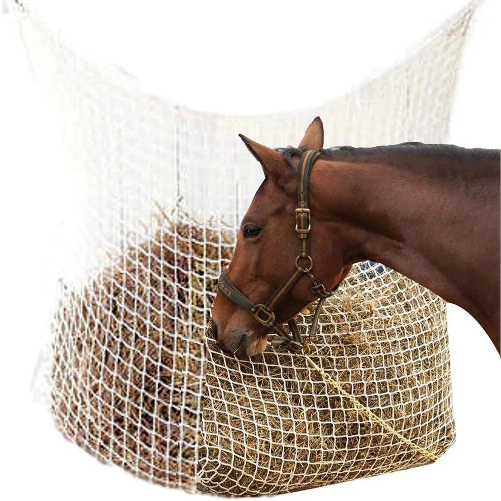 Black woven PE rope hanging feeding bag for horses, shown with hay, next to a white version.