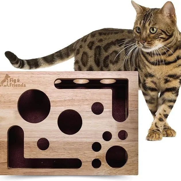 Solid wood square maze cat toy on wooden table natural colour