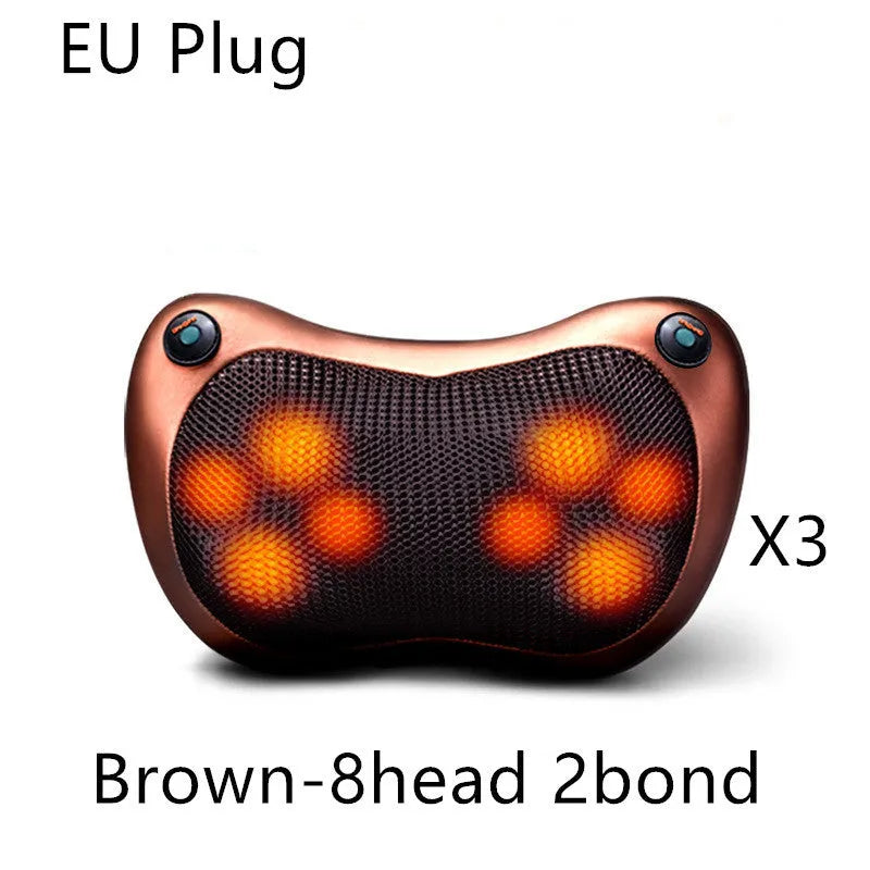 Electric infrared kneading massage pillow in black PU leather with control buttons and adjustable fixing strap for car seat use