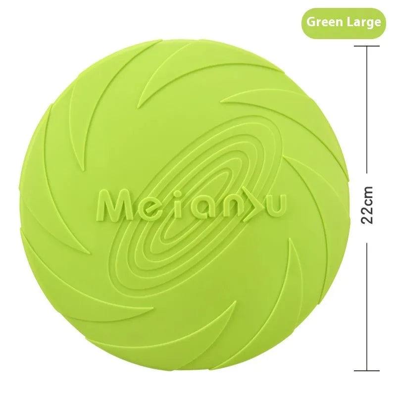 Soft rubber dog frisbee fetch toy shown in blue, green, and red colours for small, medium, and large sizes.