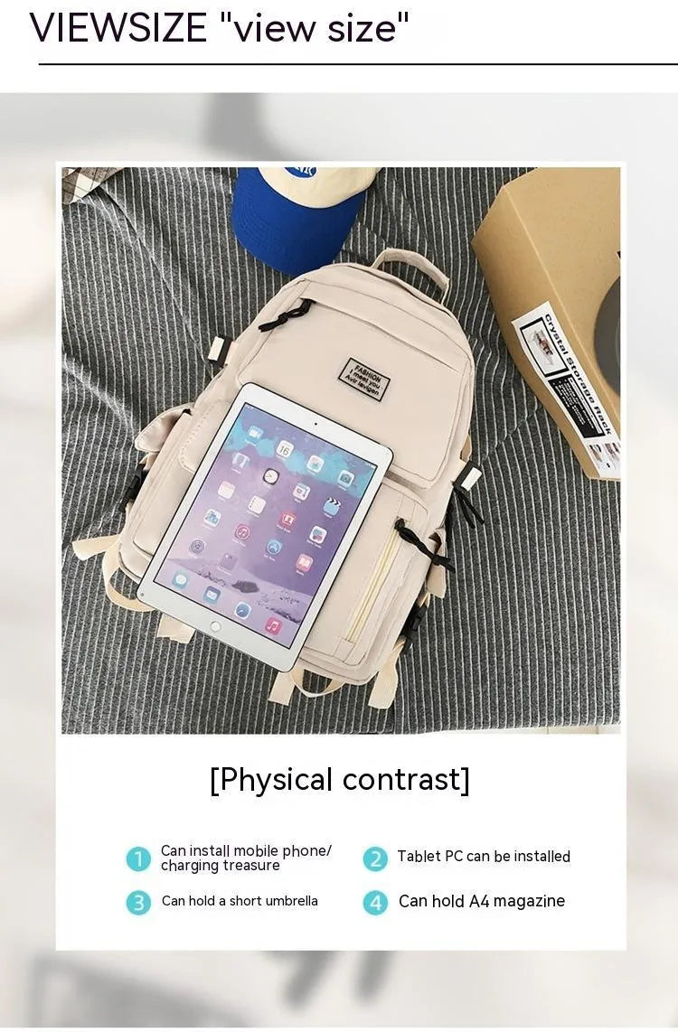 31cm black and white nylon student backpack with computer compartment and outer pockets