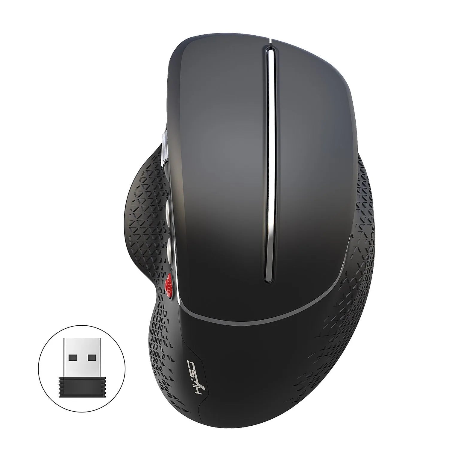 Black T32 wireless vertical ergonomic mouse with aluminium side roller on a desk