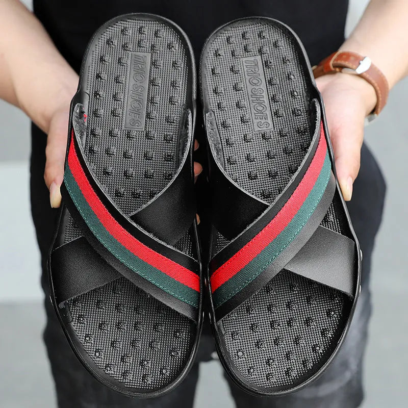 Men's white cowhide and PU flip-flop sandals on a plain background showing size options.