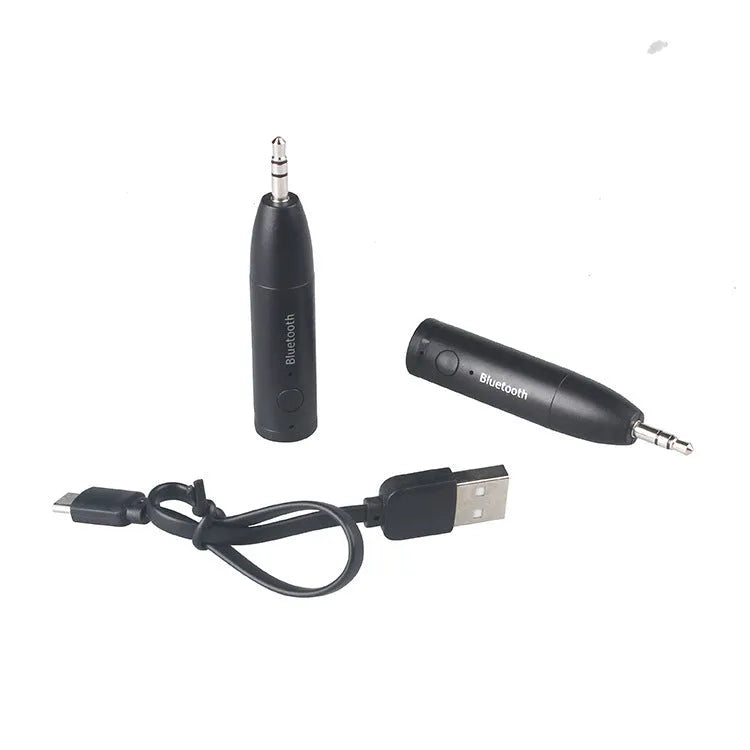 Black Bluetooth audio receiver with 3.5mm AUX connector for car and home stereo systems