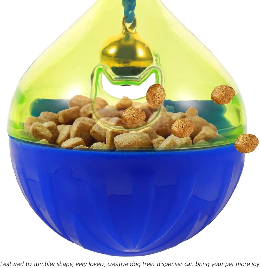 Blue tumbler-shaped interactive treat dispenser ball for dogs and cats on floor