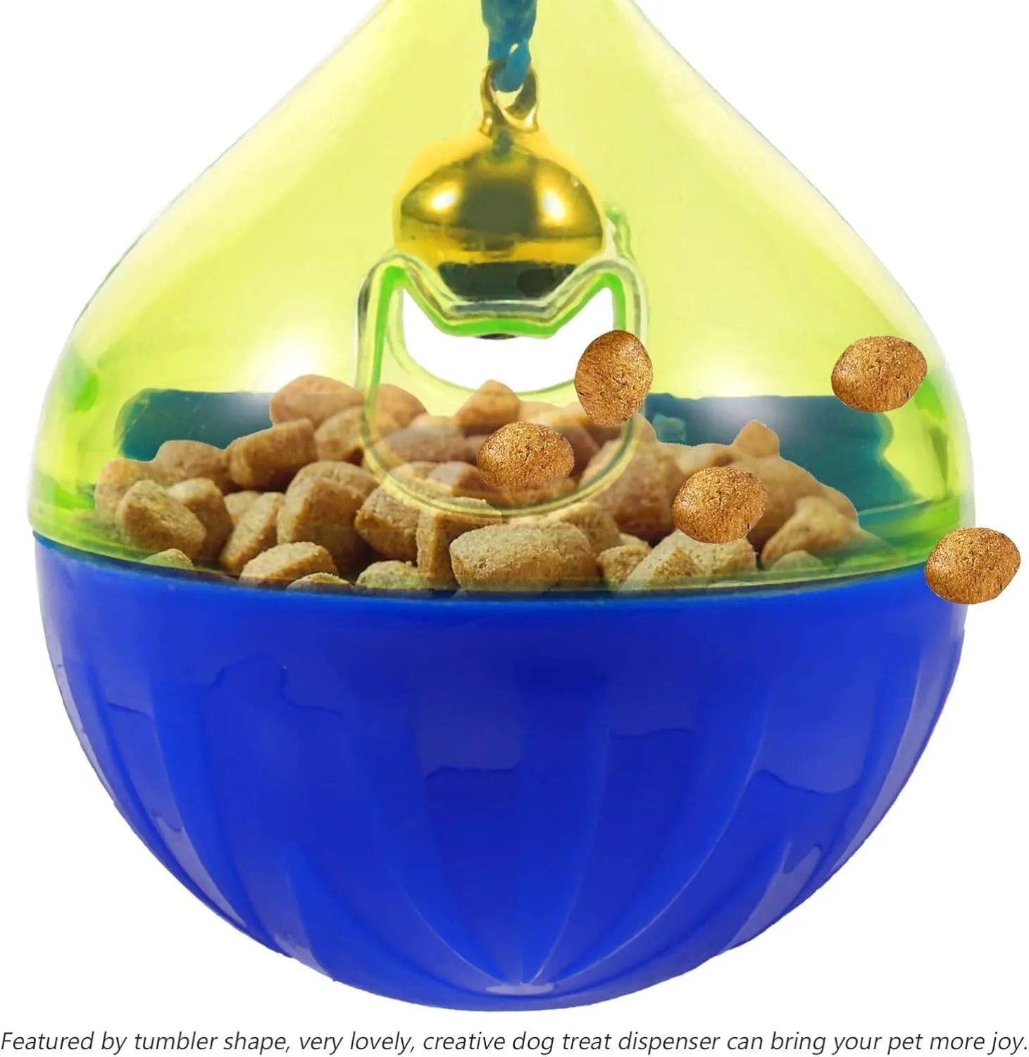 Blue tumbler-shaped interactive treat dispenser ball for dogs and cats on floor