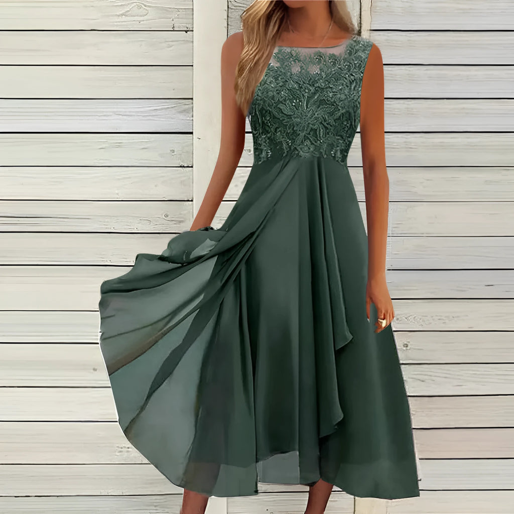 Women's sleeveless chiffon dress with hollow-out lace stitching in green colour