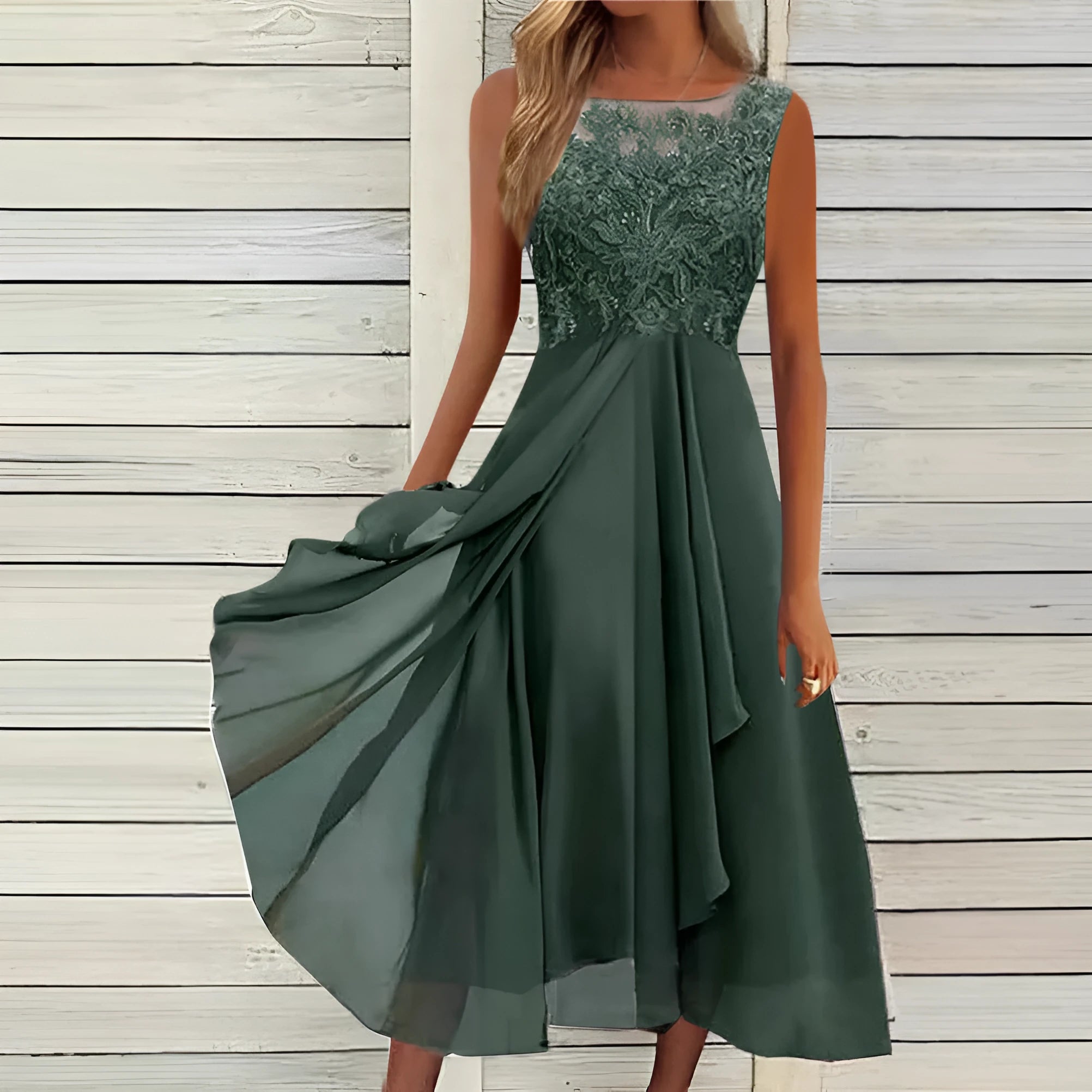 Women's sleeveless chiffon dress with hollow-out lace stitching in green colour
