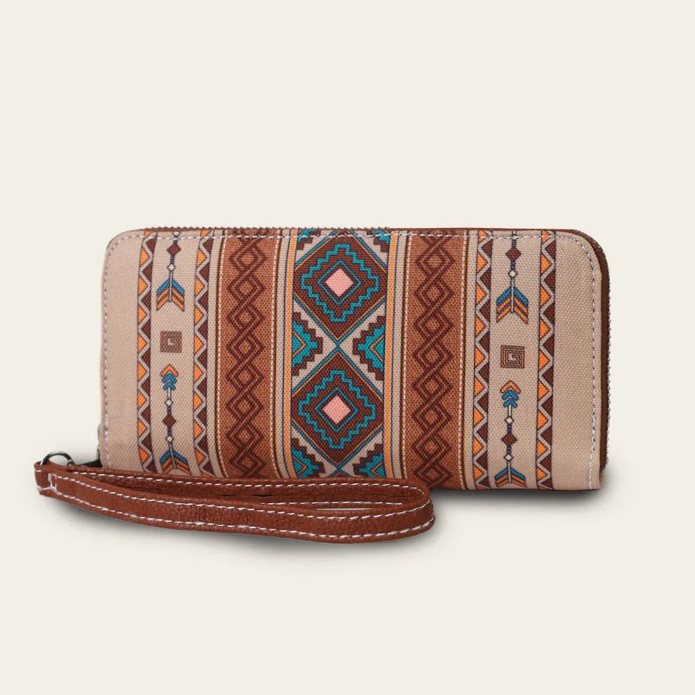 Bohemian striped canvas RFID wallet in beige colour showing card slots and wind belt design