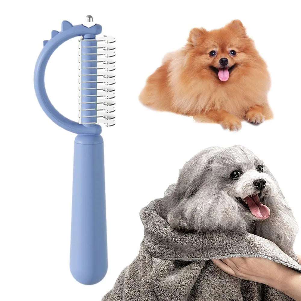 Blue dinosaur-shaped self-cleaning cat brush with double-sided stainless steel bristles