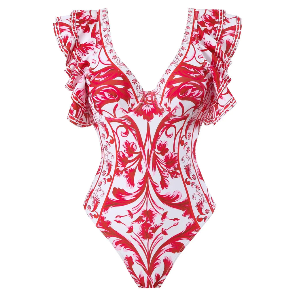 Women's printed polyester one-piece swimsuit on a hanger.