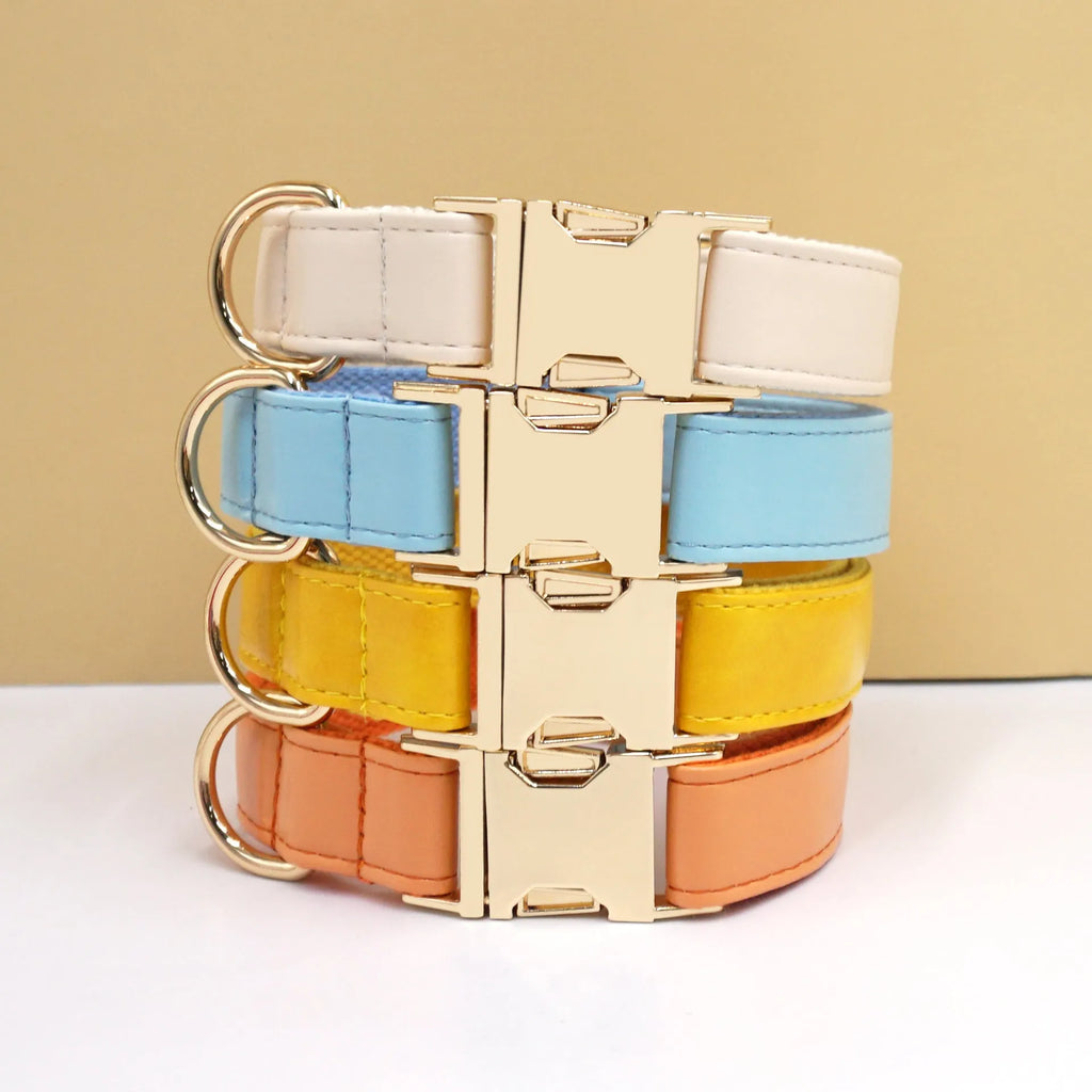 Simple colour blocking velvet leather dog collar in caramel colour with size tag