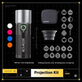 10W handheld LED photography fill light with built-in battery, folding projection cover, and 20 design pieces on a table