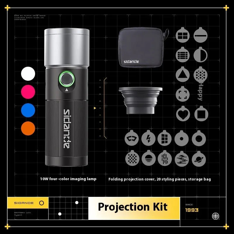 10W handheld LED photography fill light with built-in battery, folding projection cover, and 20 design pieces on a table