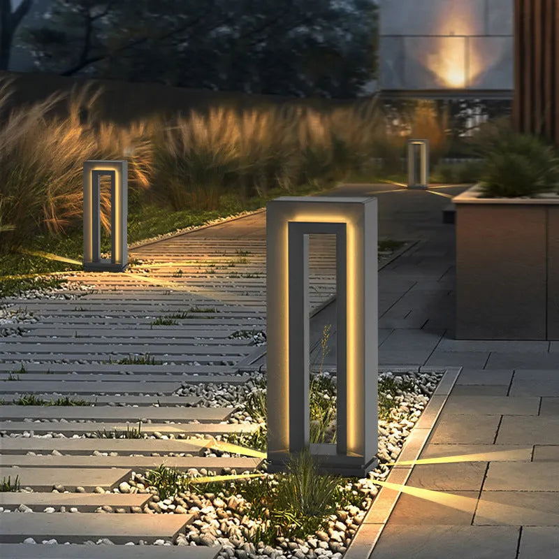 A modern geometric stainless steel acrylic outdoor garden lamp, 62cm tall, for solar or powered use.