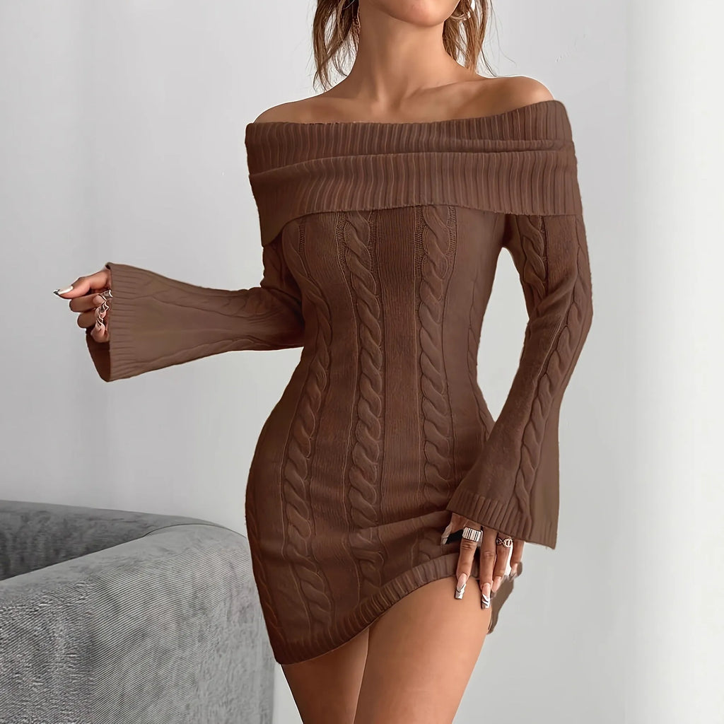 Women's polyester sweater dress with ribbed pencil skirt, boat neck, flared long sleeves, elastic waist, in khaki