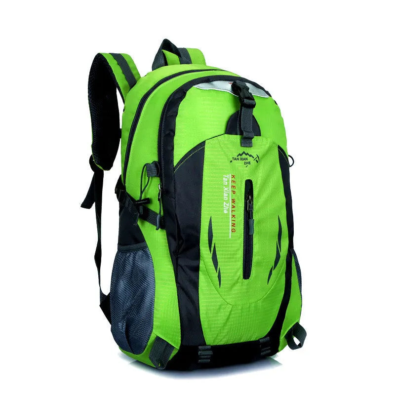 Large red Oxford cloth travel backpack with double straps, showing front compartment and buckle closure.