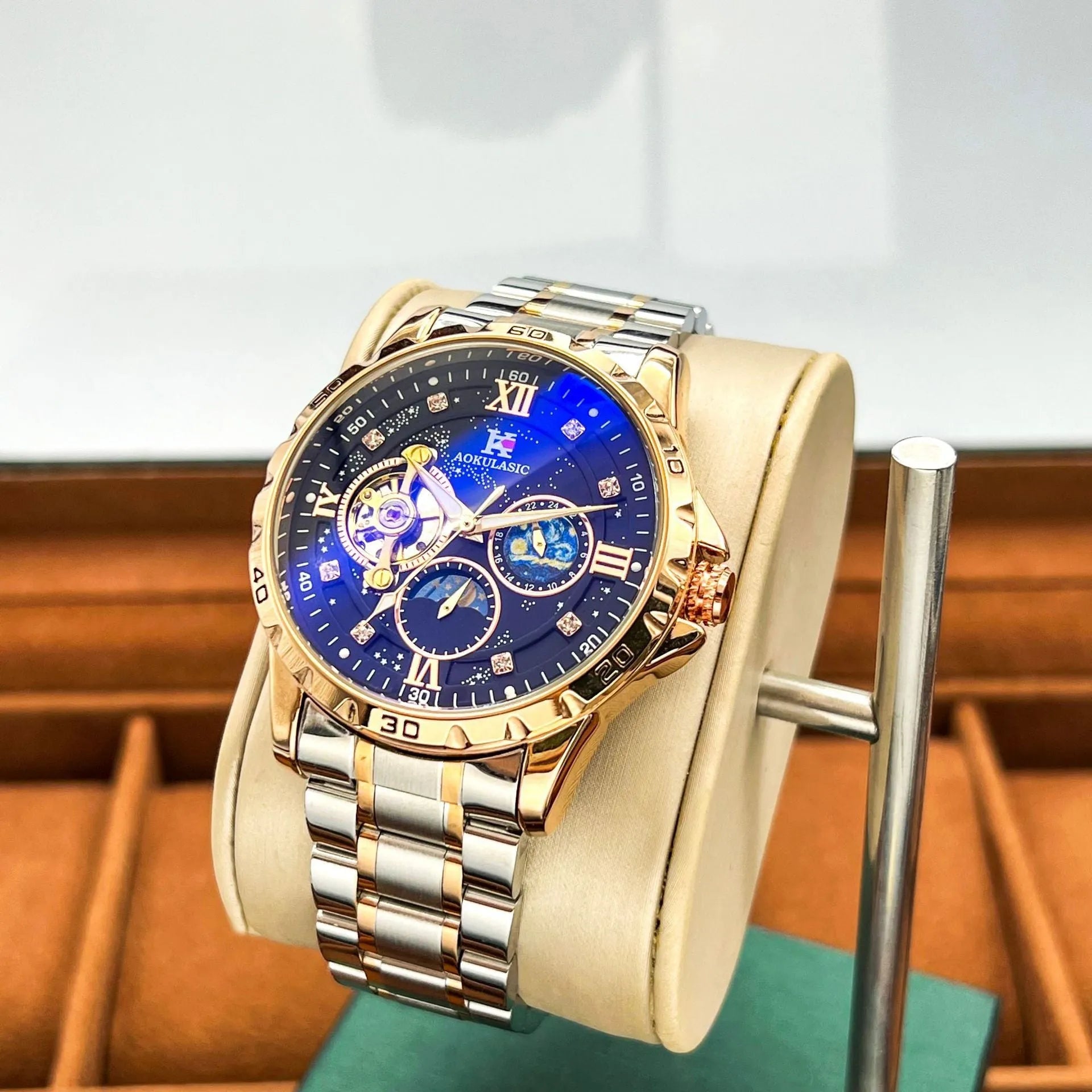 Automatic mechanical men's watch with rose gold shell and black surface on large dial
