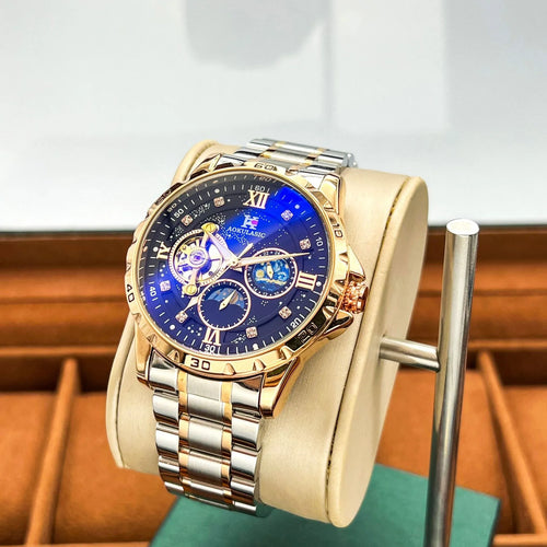 Automatic mechanical men's watch with rose gold shell and black surface on large dial