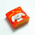 Red book shaped plush pet toy with hidden food compartment and squeaky sound for dogs and cats